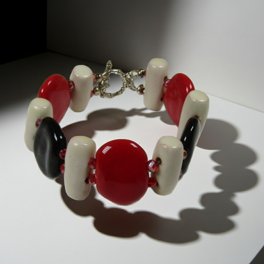 Black, Red & Cream Kazuri Fair Trade Bead Cuff Bracelet