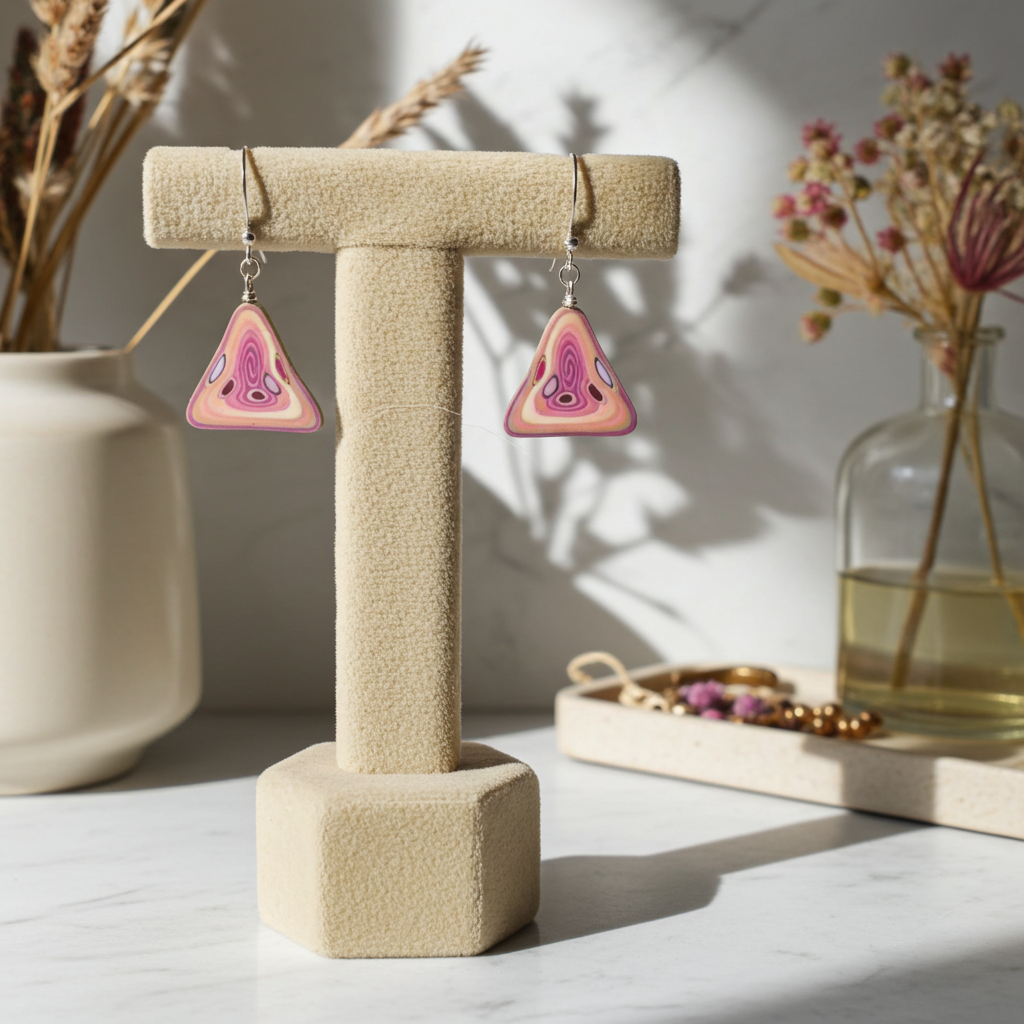 Triangular Handmade Pink Bead Sassy Earrings