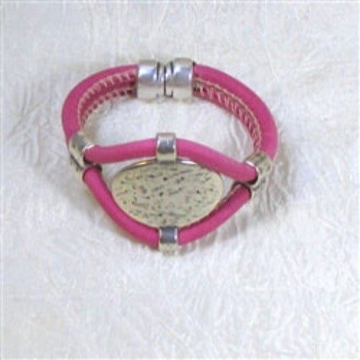 Pink Leather Cord Bracelet With Silver Front Panel - VP's Jewelry