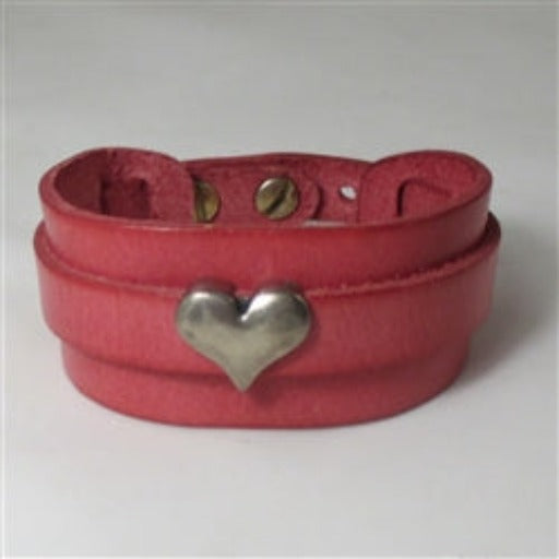 Red leather cuff bracelet wide with heart