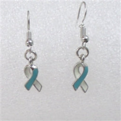Small teal & white awareness ribbon earrings