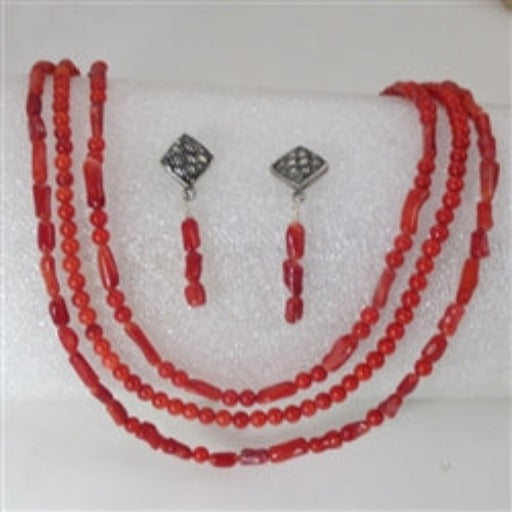 Multi-strand Bright Red Bead Necklace and Earrings - VP's Jewelry