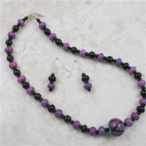 Purple and Black Handmade Artisan Bead Necklace & Earrings - VP's Jewelry 
