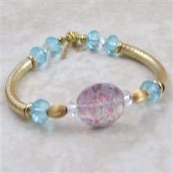 Artisan handmade bead in pink & aqua gold bangle bracelet