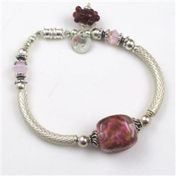 Silver Bangle Bracelet in Cherry and Cream Artisan Bead - VP's Jewelry