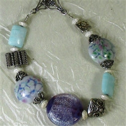 Purple, Aqua and Silver Artisan Bead Bracelet - VP's Jewelry  