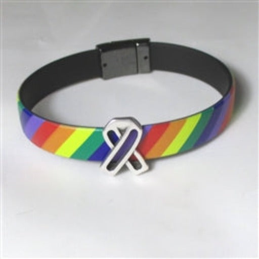 Classic bight rainbow PVC  cord bracelet with awareness ribbon