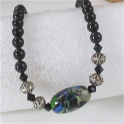 Black Handmade Swirled Artisan Bead and Black Pearl Necklace - VP's Jewelry