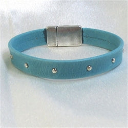 Studded teal leather braclet with patterned silver clasp