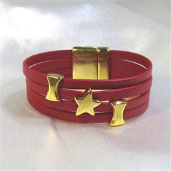 Red Leather Cuff Bracelet Gold Star - VP's Jewelry