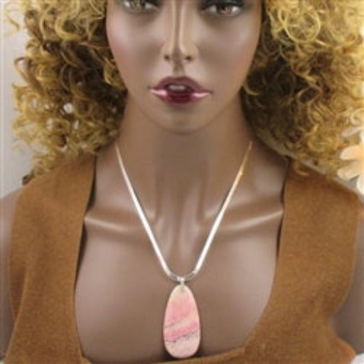 Pink Rhodonite Gemstone Pendant on Silver Chain Necklace - VP's Jewelry