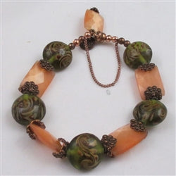 Bracelet in Copper, Peach Cat's Eyes and Olive Glass Bead - VP's Jewelry  