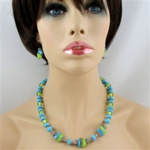 Handmade Lime and Aqua Lampwork Bead Necklace and Earrings - VP's Jewelry  