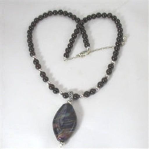 Garnet Necklace with Black Swirled with Garnet Lampwork Bead Pendant - VP's Jewelry 