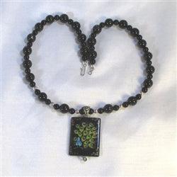 Black Onyx Bead Necklace Handmade Peacock Pendant - VP's Jewelry