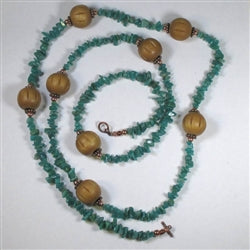 Buy extra long turquoise copper & wood necklace