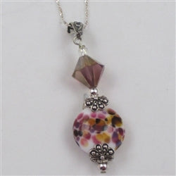 Purple and White Artisan Bead and Crystal Pendant Necklace - VP's Jewelry
