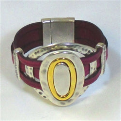 Buy handcrafted fuchsia leather cuff bracelet with silver & gold ring accents