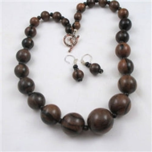 Wood Graduating Bead Necklace and Earrings Bold Jewelry Set - VP's Jewelry  