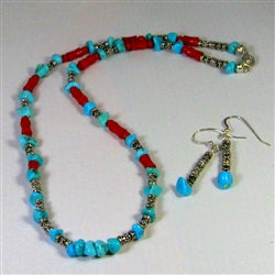 Handcrafted turquoise & coral bead necklace & earring