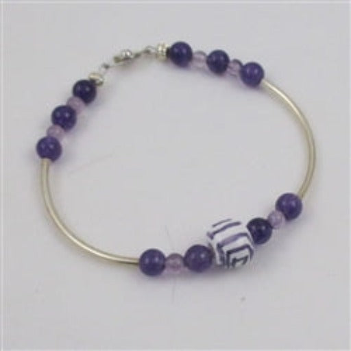 Purple Pansy Swirled Kazuri Bead and Noodle Bracelet- VP's Jewelry