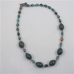 Necklace in Turquoise Ceramic Czech Crystal and Copper Beads - VP's Jewelry 