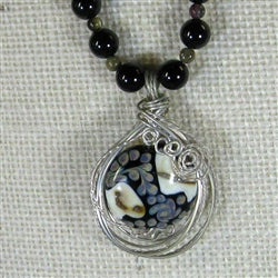 Onyx Necklace with Wire Wrapped Black and Ivory Lampwork Pendant - VP's Jewelry