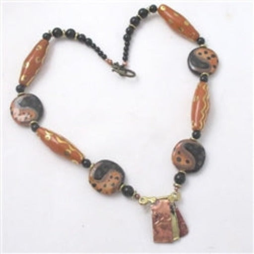 Honey and Black African Kazuri and Metalcraft Necklace - VP's Jewelry