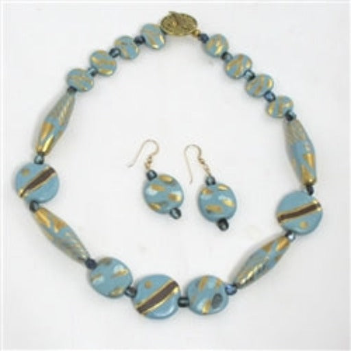 Handmade Kazuri Necklace and Earrings Jewelry Set in Aqua and Gold - VP's Jewelry  