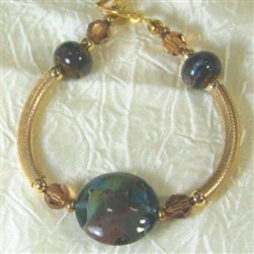 Gold Bangle Bracelet with Blue Green Handmade Bead - VP's Jewelry