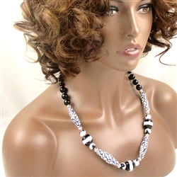Buy Unique Long Black & White Handmade Fair Trade Bead Kazuri Necklace