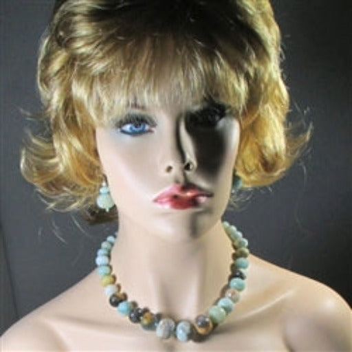 Aqua Gemstone Amazonite Beaded Necklace and Earrings - VP's Jewelry