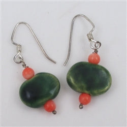 Handmade Green Kazuri earrings with Coral Accents