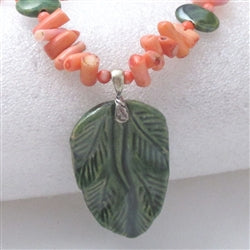 Kazuri Green Leaf Pendant on Peachy Pink Bead Necklace - VP's Jewelry