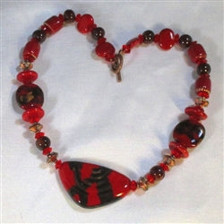 Handmade Necklace Red Kazuri Beads with Copper Accents - VP's Jewelry