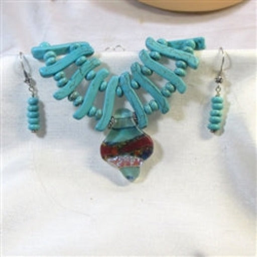Turquoise Bib Necklace with Dichroic Pendant and Earrings - VP's Jewelry