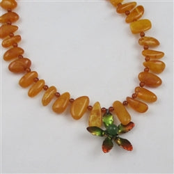 Whimsical Amber Necklace with Medtal Flower Pendant - VP's Jewelry