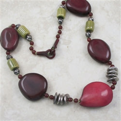Chunky Tagua Nut Necklace in Maroon Olive and Hot Pink Beads - VP's Jewelry