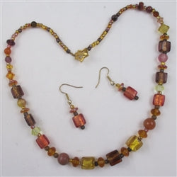 Golden Foil Glass and Jasper Beaded Necklace and Earrings - VP's Jewelry  