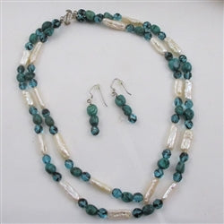 Stick Pearl and Turquoise Double Strand Necklace and Earrings - VP's Jewelry
