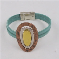 Destressed Pastel Turquoise Leather Bracelet Tri-colored Ringed Accent - VP's Jewelry 