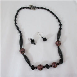 Onyx Necklace With Fair Trade Kazuri Bead Accents & Earrings - VP's Jewelry 