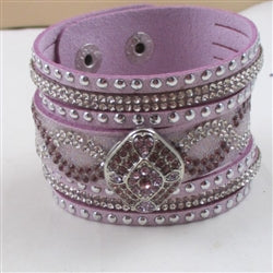 Crystal Bling in A Wide Lilac Leather Bracelet - VP's Jewelry 