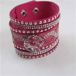 Crystal Bling in A Wide Hot Pink Leather Bracelet - VP's Jewelry 