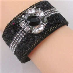 Black Leather Bracelet With Crystal Accent - VP's Jewelry