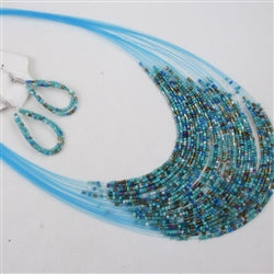 Multi-strand Aqua Seed Bead Necklace and Earrings - VP's Jewelry