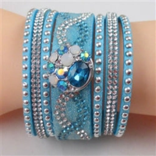 Crystal Bling in A Wide Aqua Leather Bracelet - VP's Jewelry 