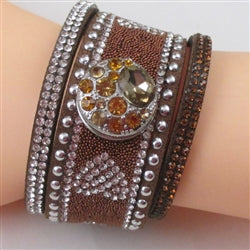 Crystal Bling Wide Brown Leather Bracelet - VP's Jewelry 