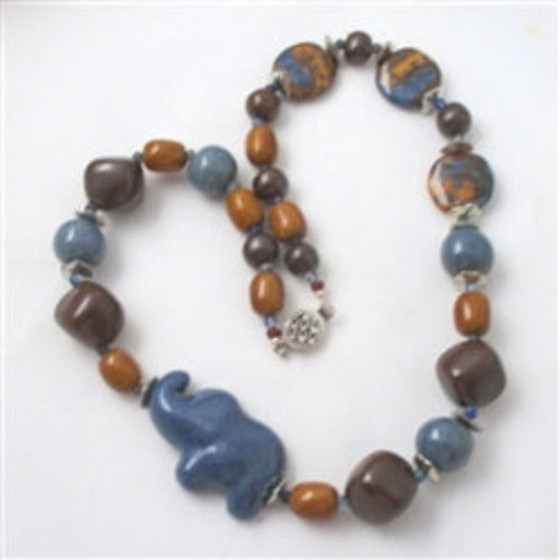 Brown Far Trade Kazuri Necklace with a Blue African Elephant - VP's Jewelry 