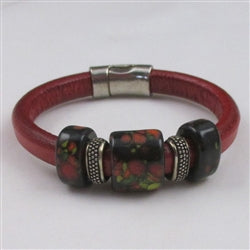 Red Leather Bracelet with Black Handmade Ceramic Accents - VP's Jewelry 